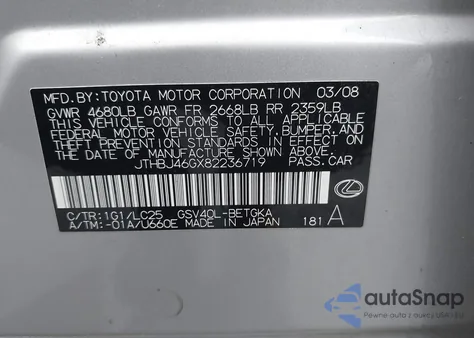 2008 Lexus Es 350 z USA, uszkodzony, nr VIN JTHBJ46GX82236719